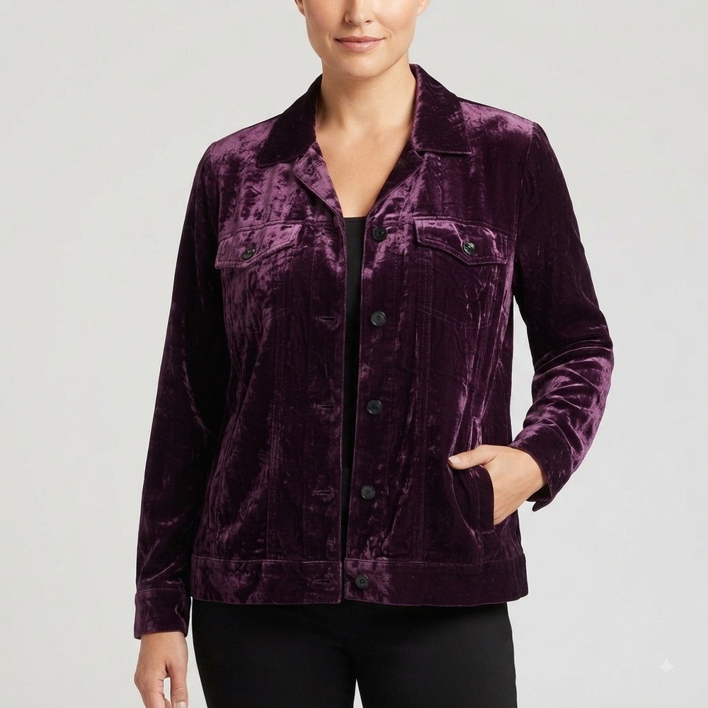 Chico's Crushed Velvet Silk Blend Lined Button Down Jacket Plum Purple Small